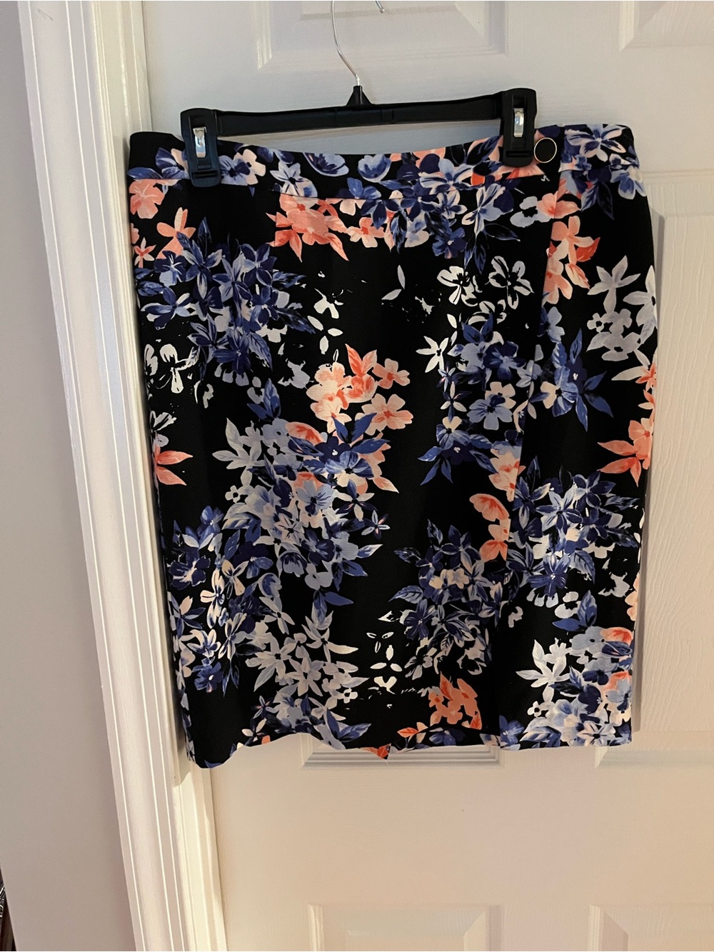 Talbots Black Pencil Skirt with Blue, Coral & White Floral